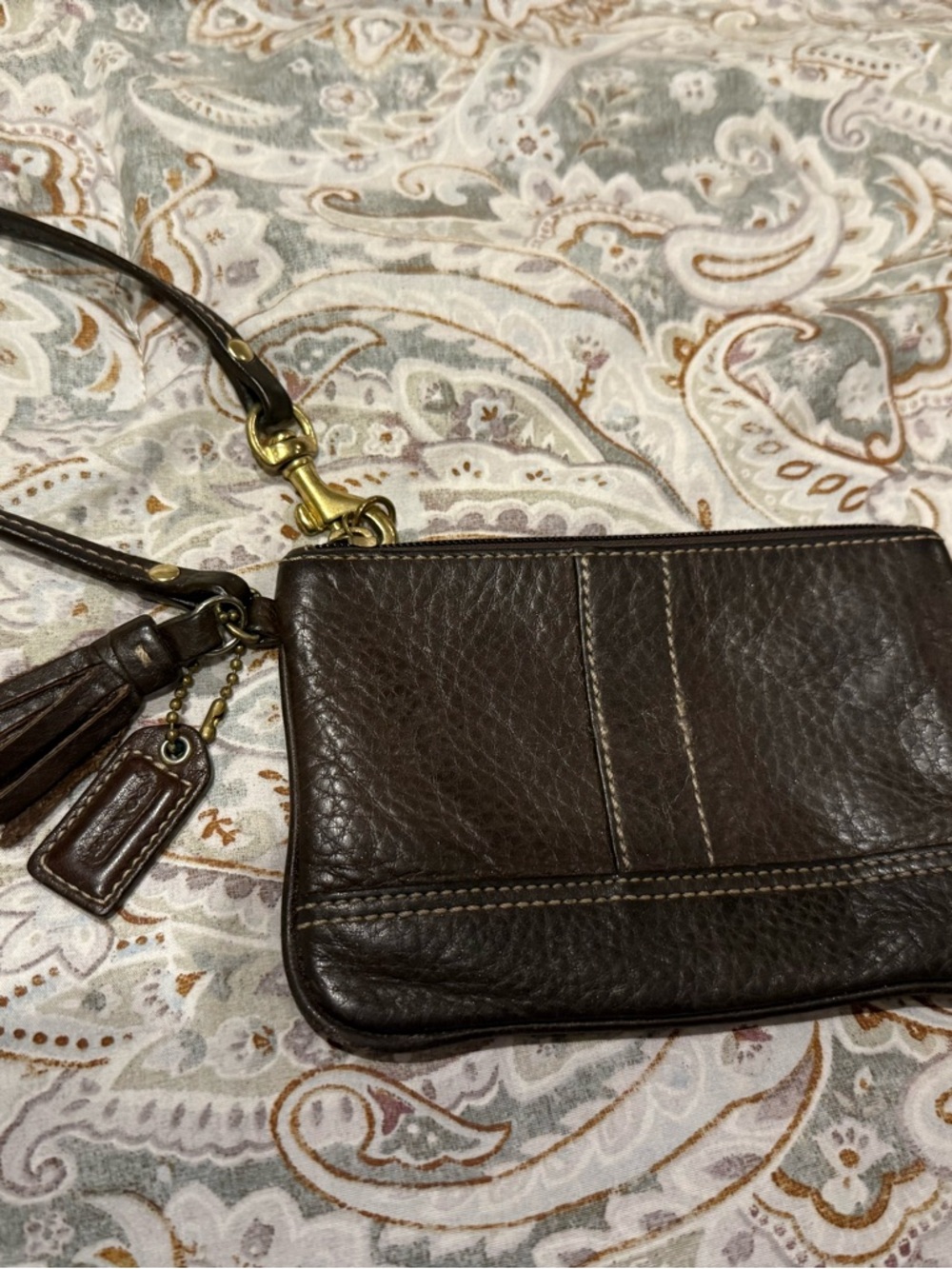 Coach Dark Brown Pebbled Leather Wristlet with Tassel